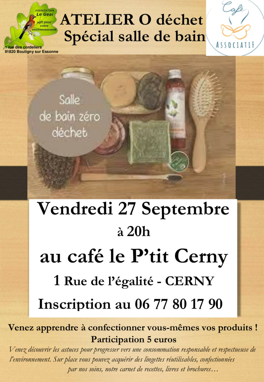 Affiche atelier zéro déchets spécial salle de bains le vendredi 27 septembre 2024 à 20h au café associatif du P'tit Cerny.